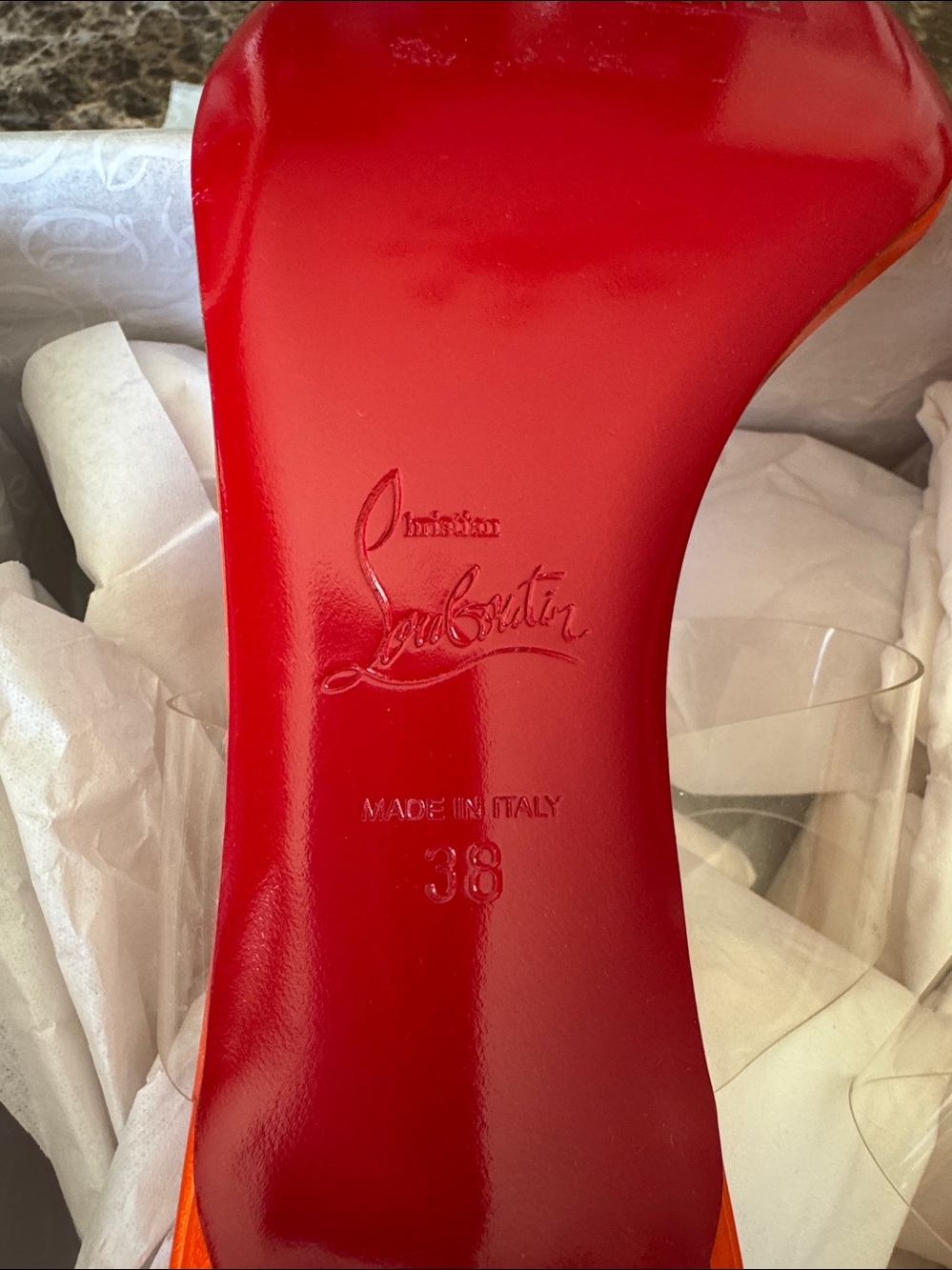 Christian Louboutin just nothing pvc orange magma 55mm stiletto sandal sz 38 - Picture 11 of 11